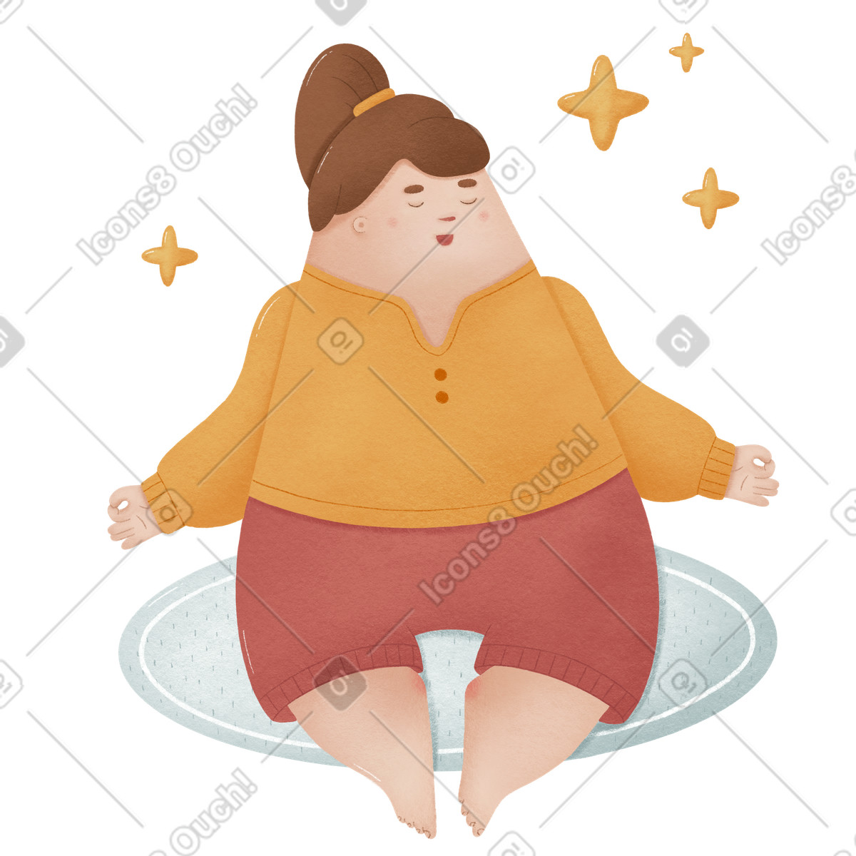 Illustration Girl sits on a fluffy mat in meditation pose dans le style Woolly à télécharger aux formats PNG, SVG