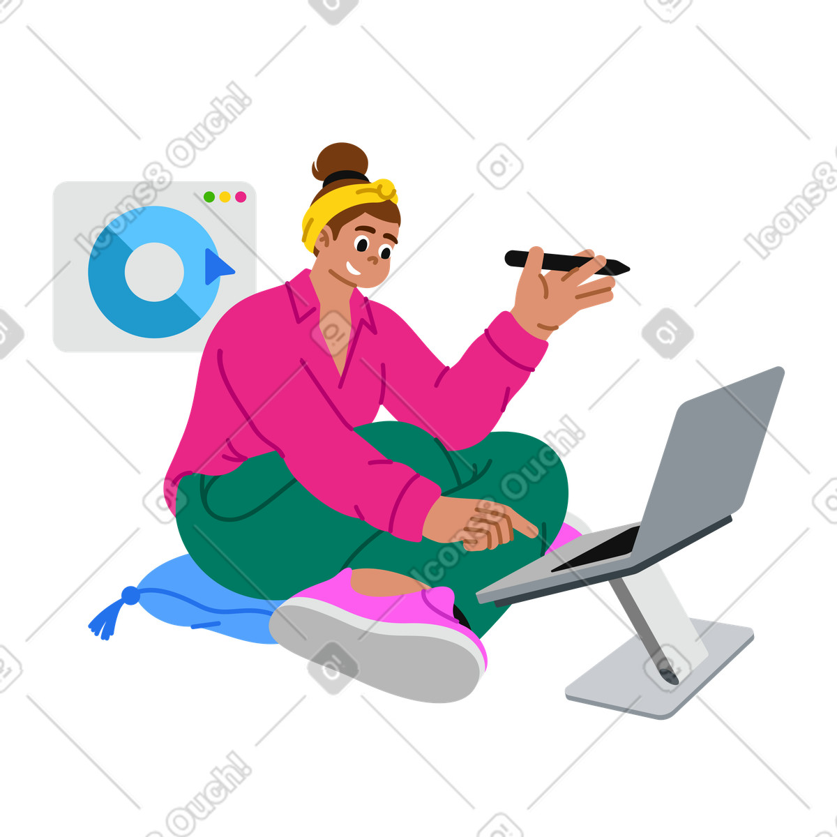 Person designing infographic on laptop, data visualization for marketing illustration in PNG, SVG