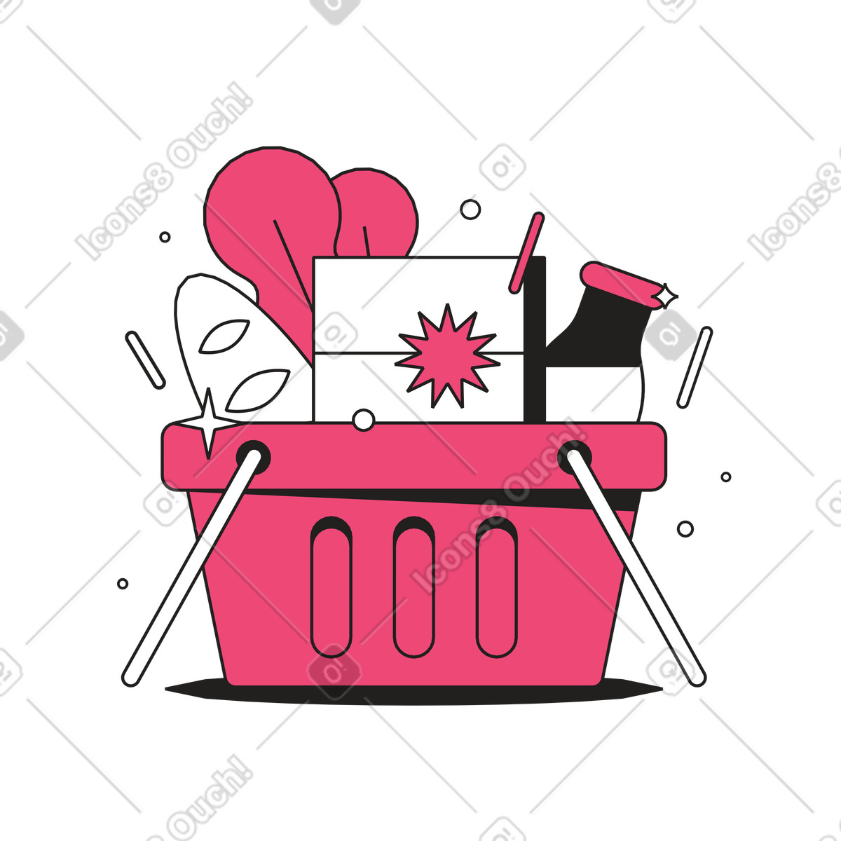 Various groceries in shopper basket, Retail and consumer goods illustration Dazzle Line style download PNG, SVG