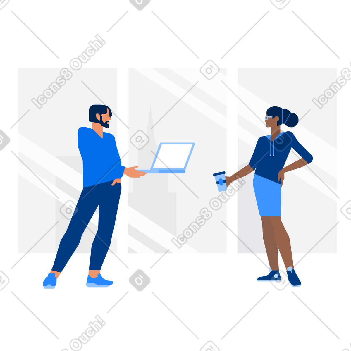 Иллюстрация Coworkers with laptop and coffee, Team communication in office setting в стиле Urban — скачать в форматах PNG, SVG
