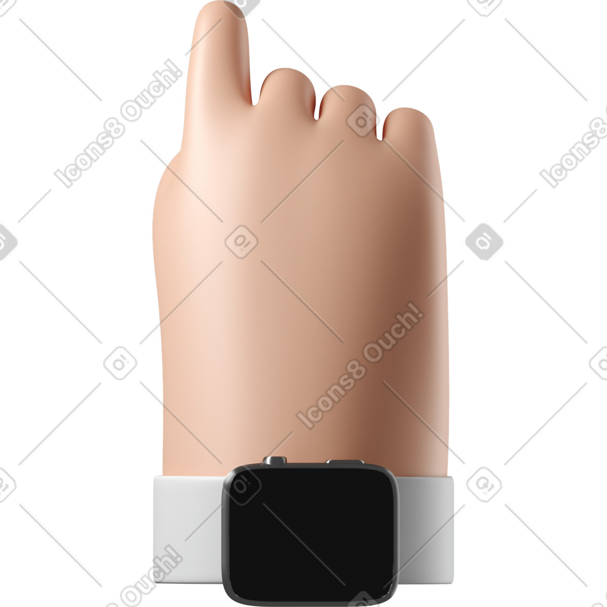 下载 3D Hands Fun&Wild 风格的 智能手表已关闭且指向上方的白皮肤手的后视图 插画，支持 PNG、SVG 格式