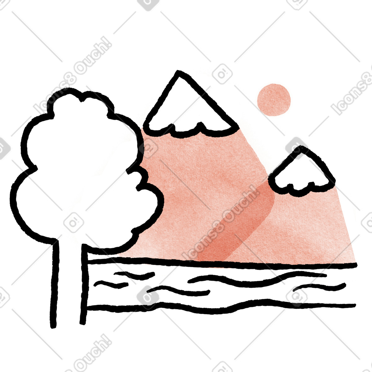 Landscape tree mountains river and sun minimal watercolor nature scene-Illustration im Anthropic Claude Hand Drawn-Stil als Download in PNG, SVG