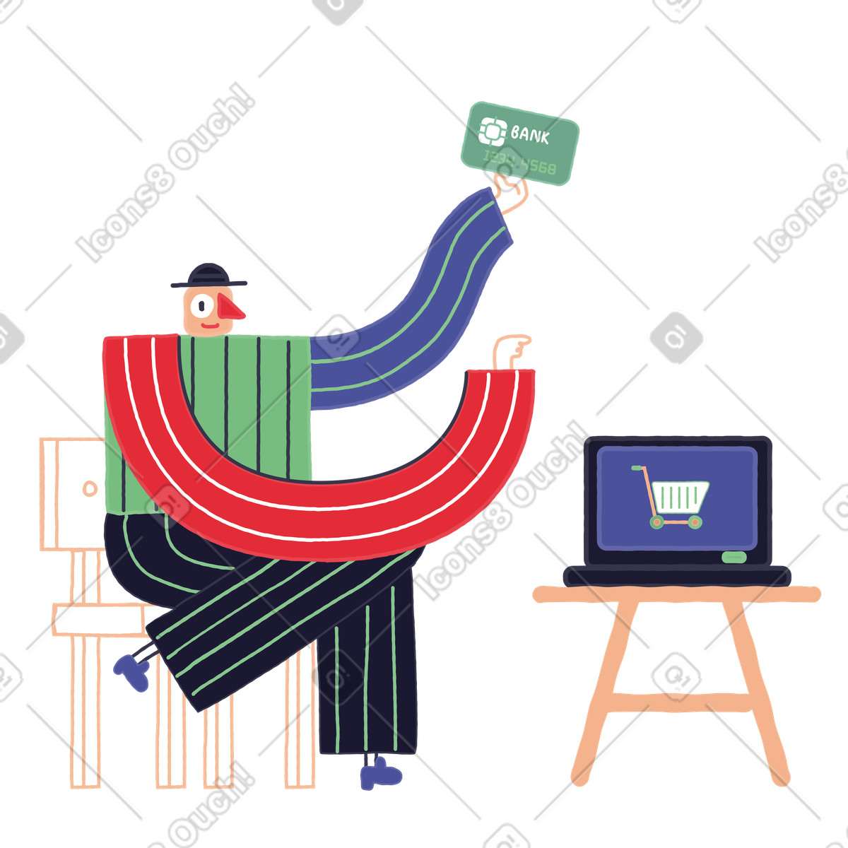 Ilustración Hombre comprando en línea y pagando con tarjeta estilo Stripy a descargar PNG SVG