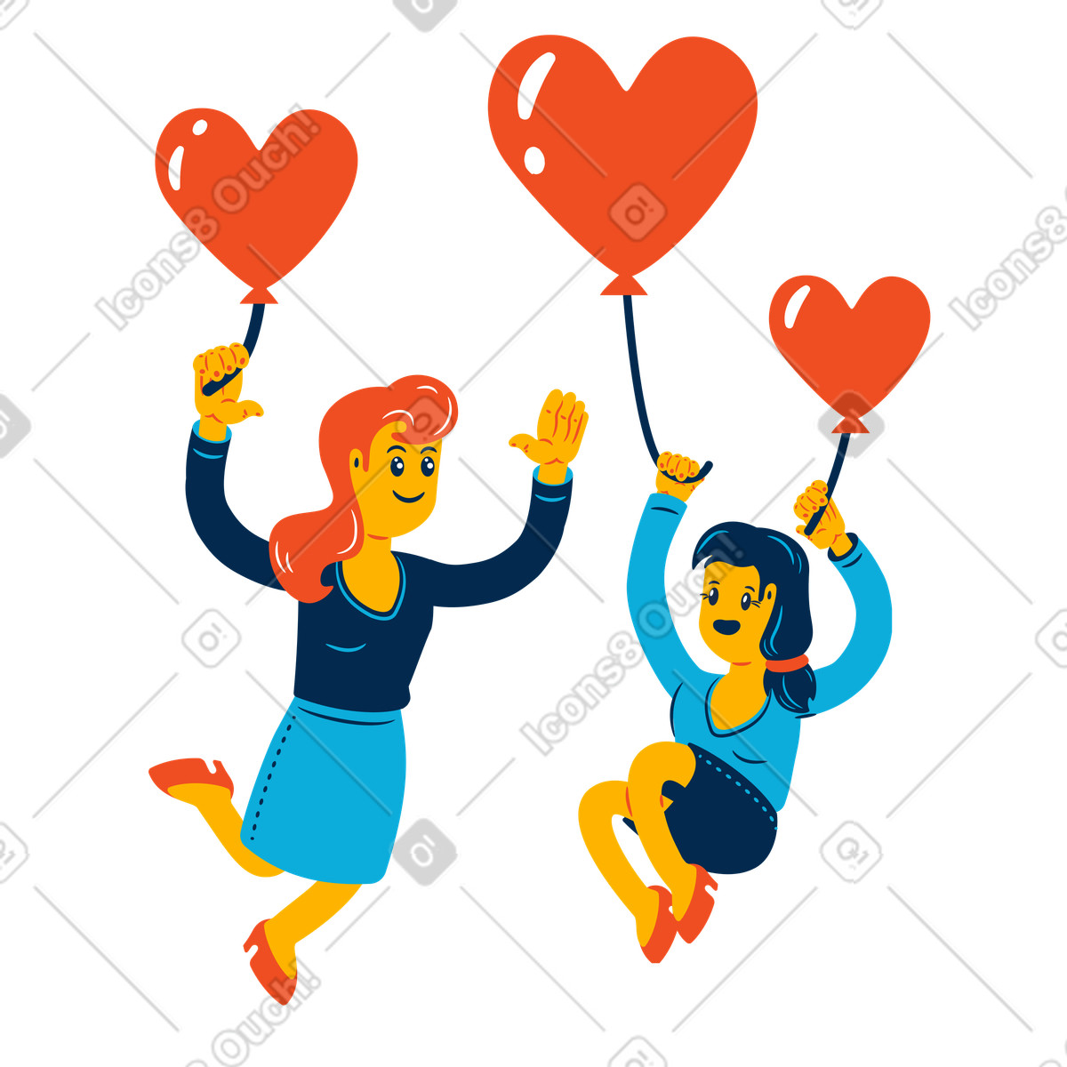Ilustração de Lesbian couple flying with red heart balloons, Valentine's Day romantic celebration em no estilo Flame para baixar em PNG, SVG