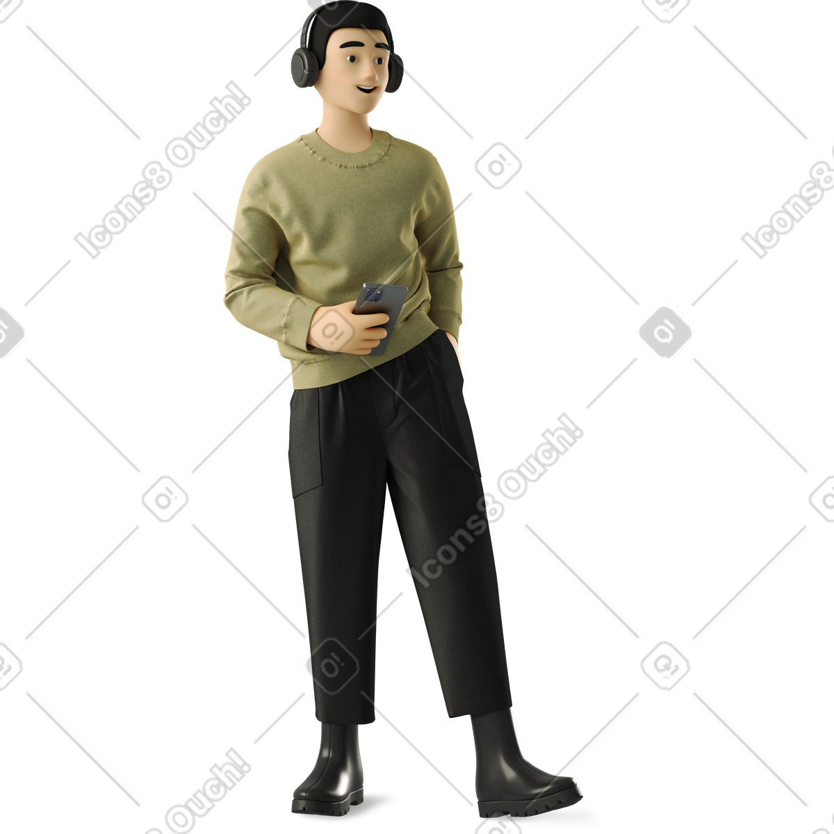 Ilustración Young guy stands and listens to music en estilo 3D Business a descargar en PNG y SVG