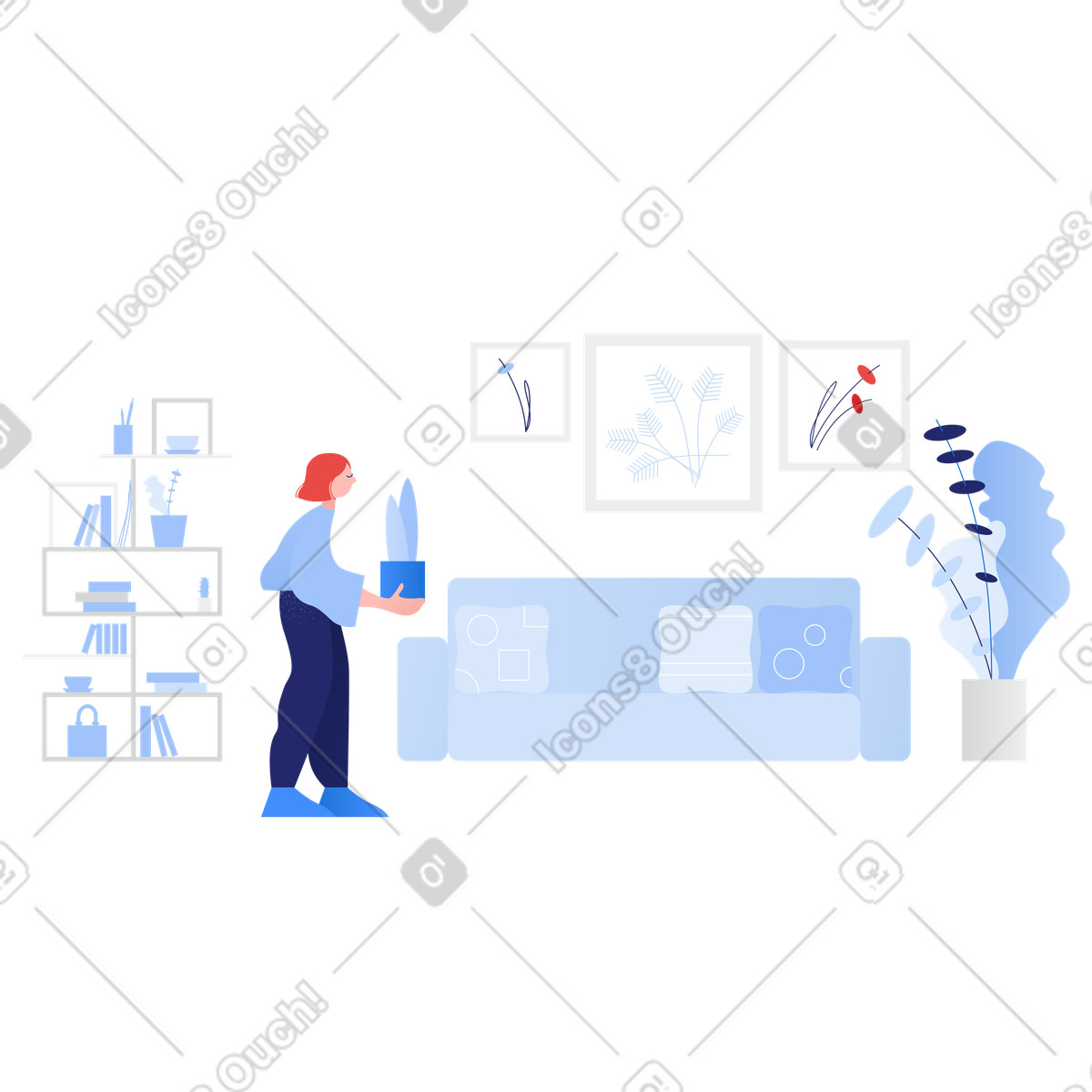 Illustration Femme cultivant ses plantes d'intérieur à la maison dans le style Clip télécharger aux formats PNG, SVG