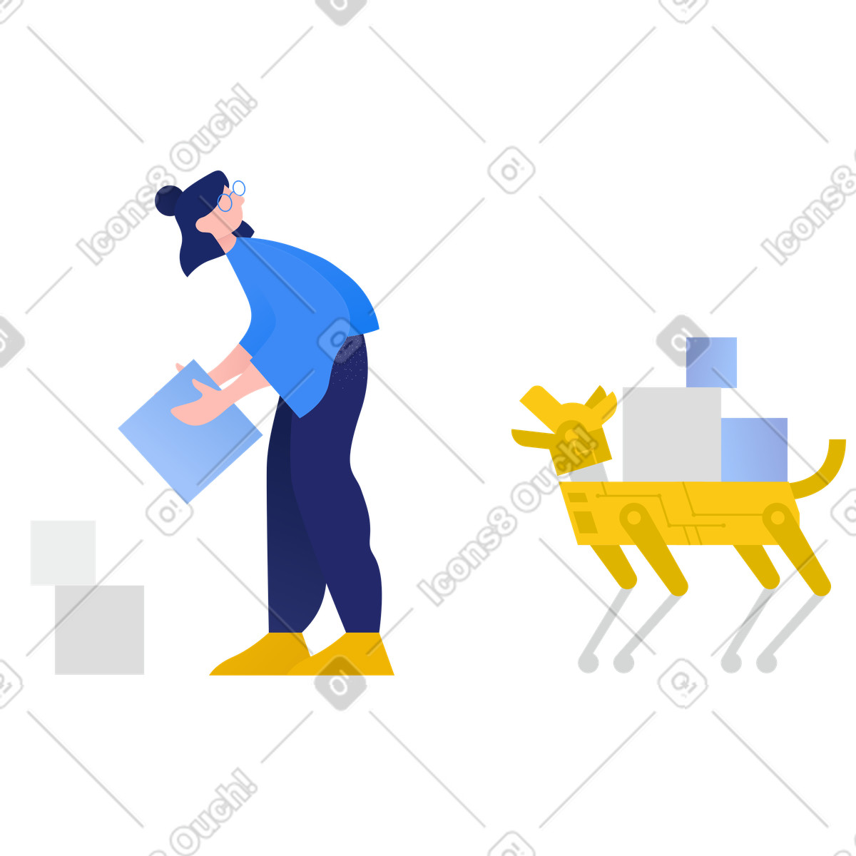 Clip スタイルの 女性を助けるロボット犬 のイラストをPNG、SVG形式でダウンロード