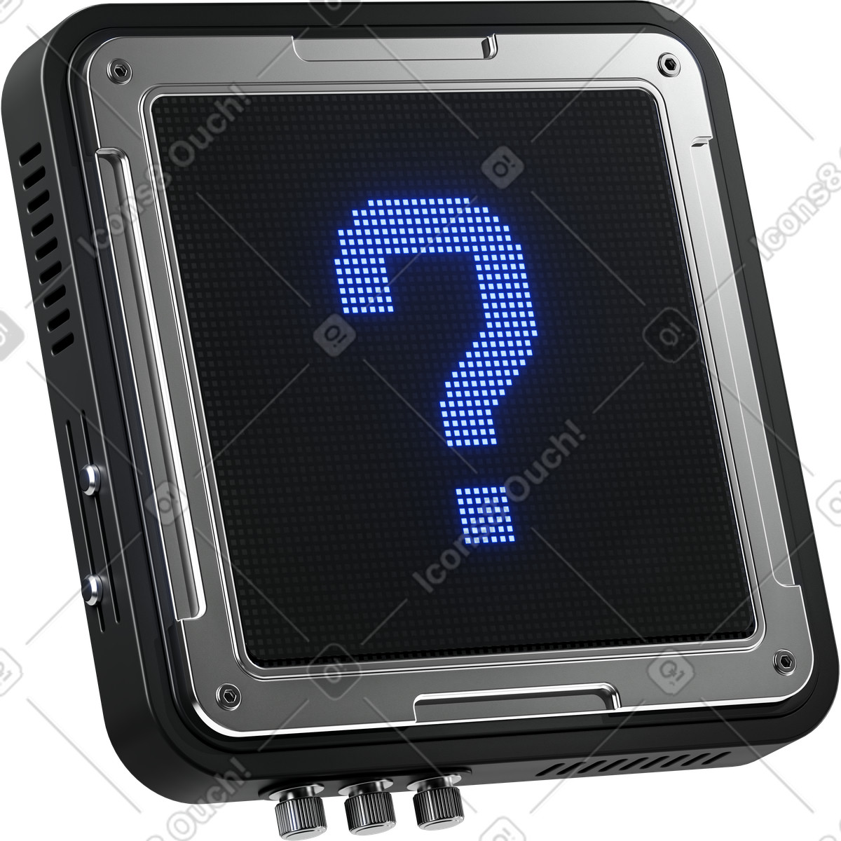 Question mark led screen displaying blue help symbol for support illustrazione in stile 3D Metallic scarica in PNG, SVG