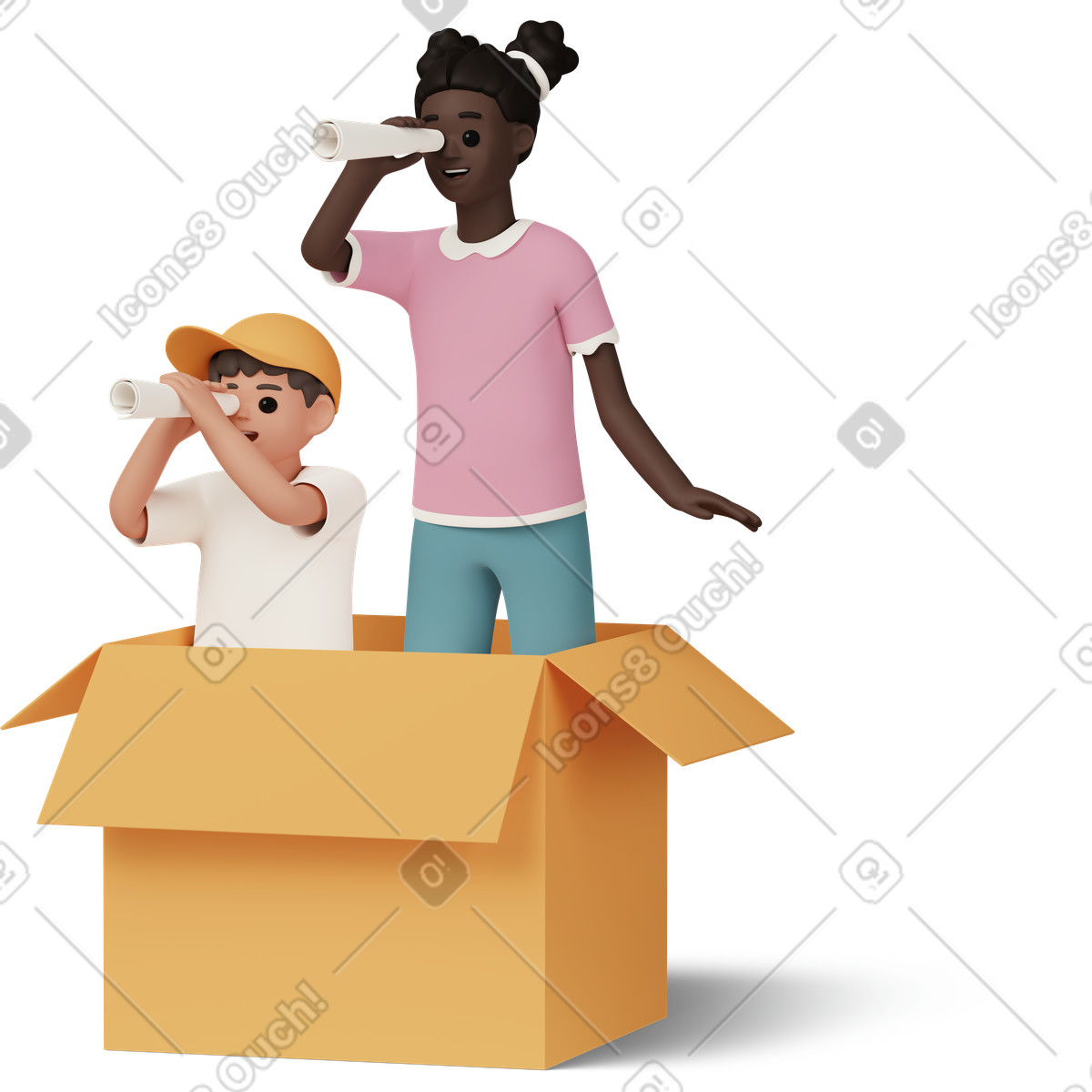 下载 3D Casual life 风格的 Boy and girl in box looking into a paper tube 插画，支持 PNG、SVG 格式