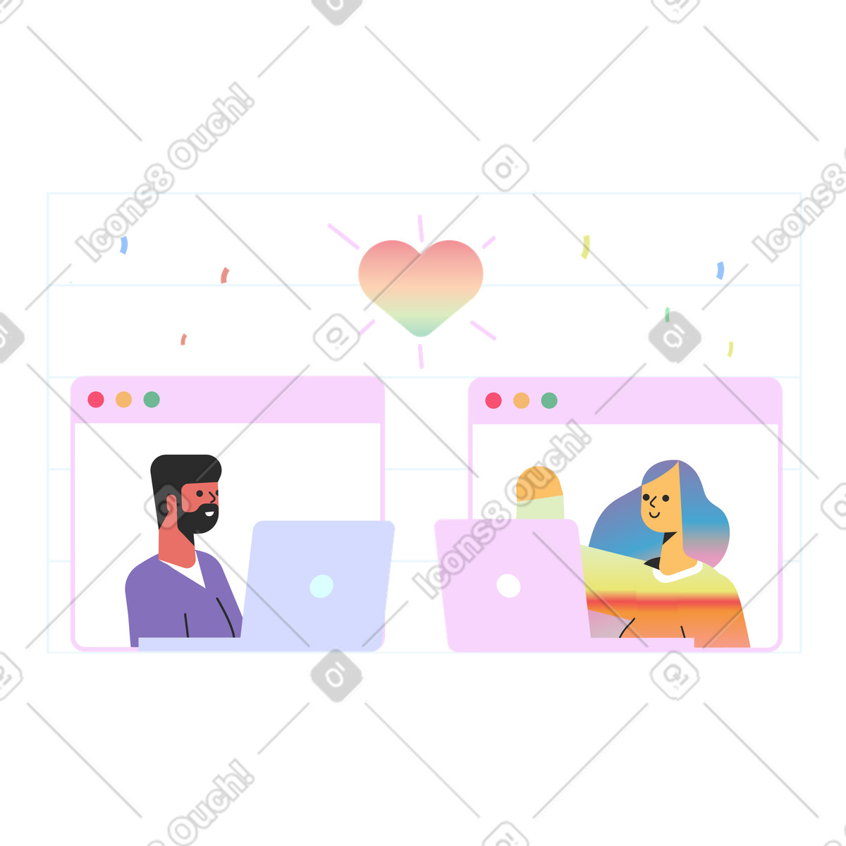 Couple engaged in video call, Online dating or virtual romance illustration Marginalia style download PNG, SVG
