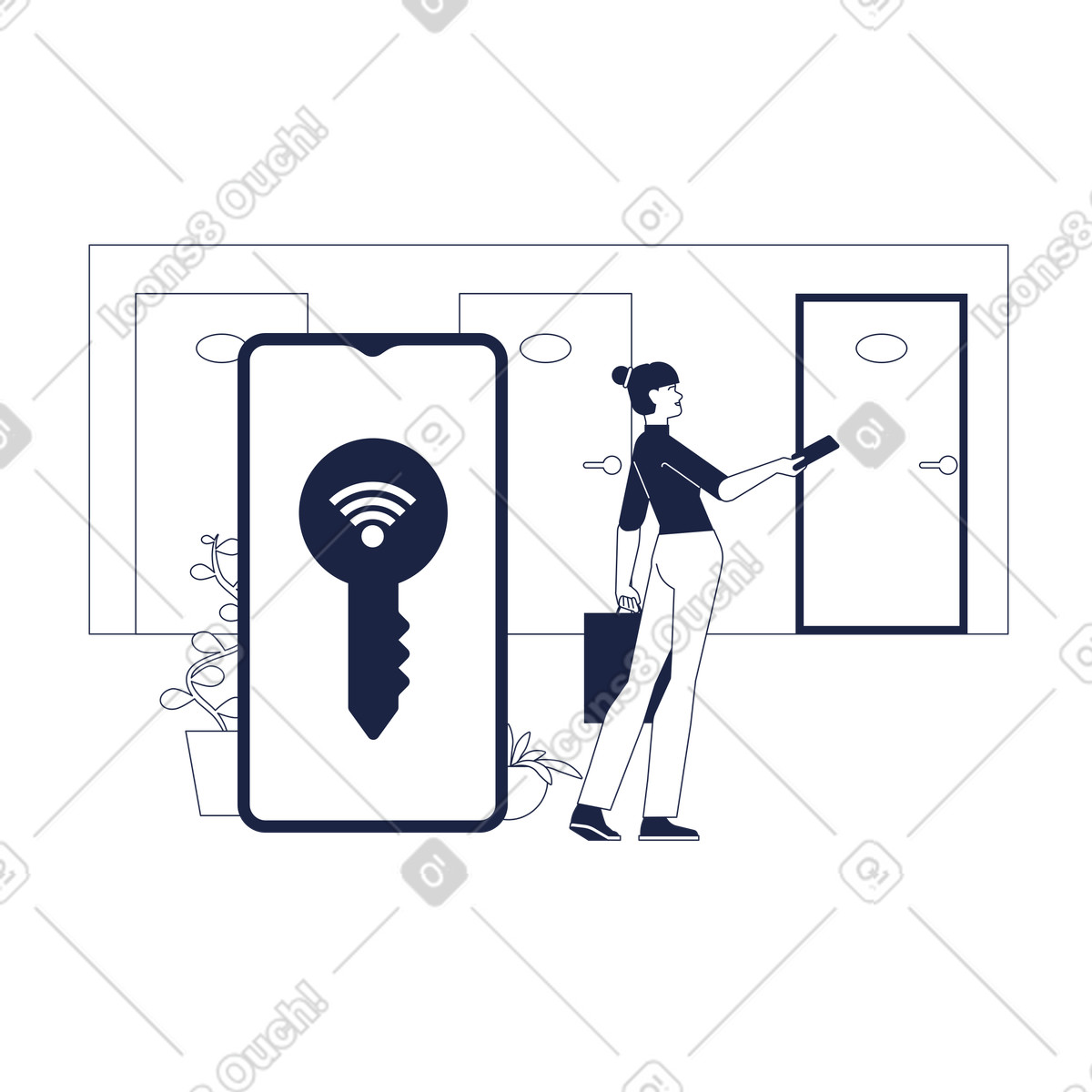 Frau bringt digitalen schlüssel an hoteltür-Illustration im Urban Line-Stil als Download in PNG, SVG