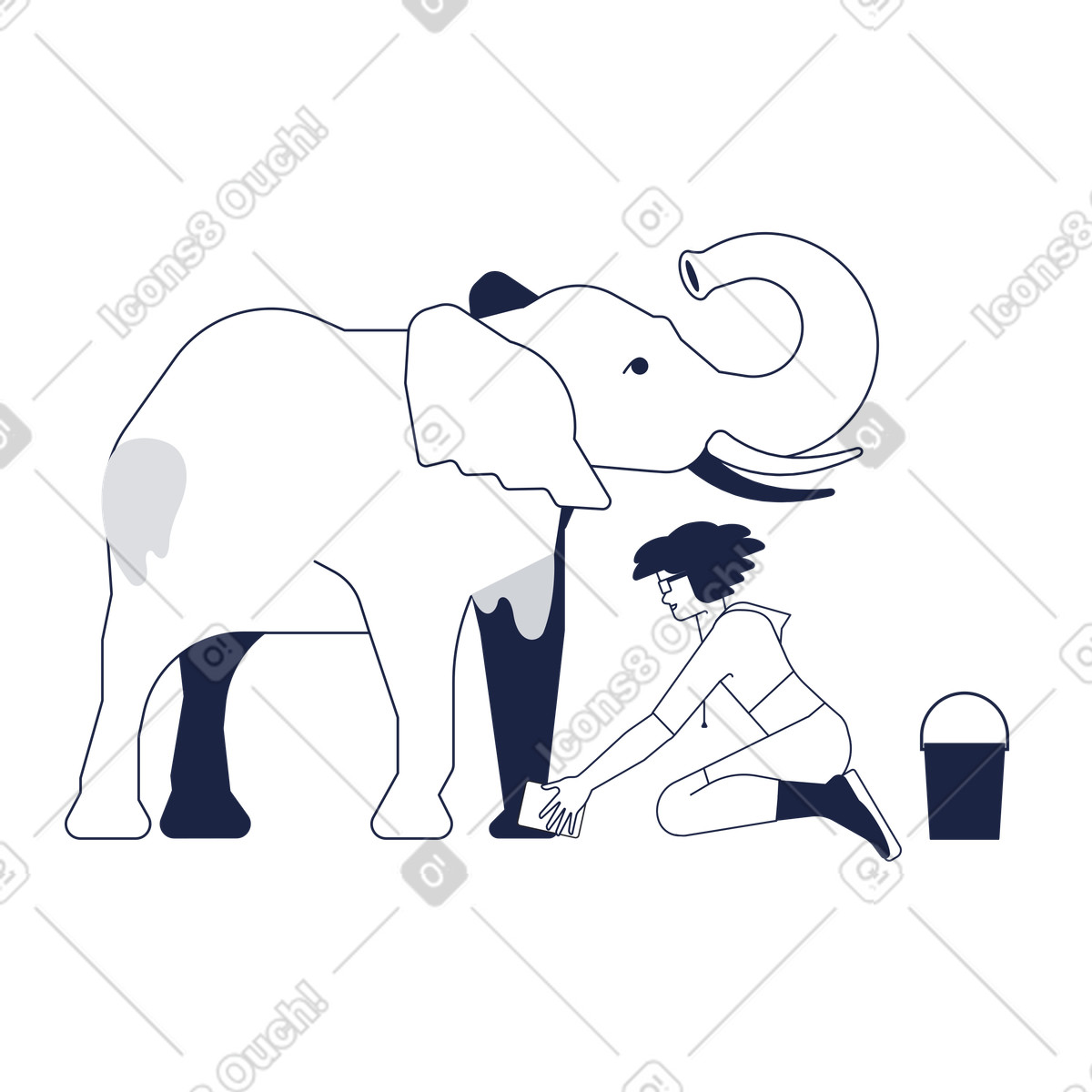 Zoo stuff bathing elephant, animal hygiene and wellness illustration in Urban Line style download in PNG, SVG