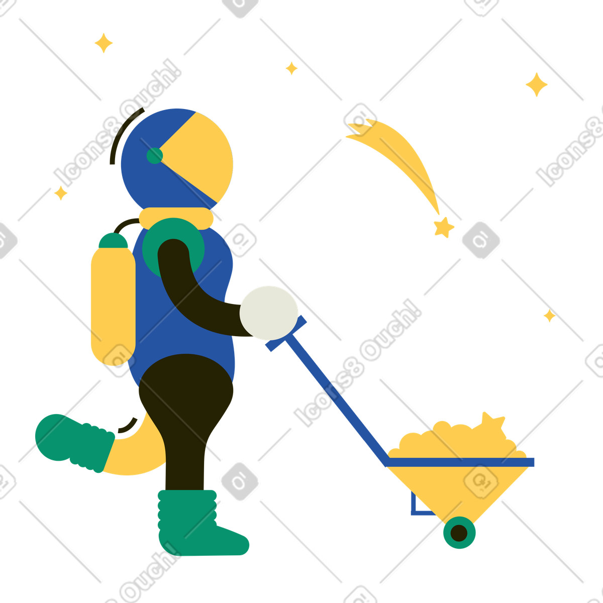 下载 Spot 风格的 宇航员将流星收集到独轮车中 插画，支持 PNG、SVG 格式