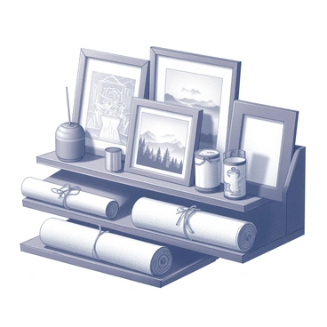 A collector's shelf packed with framed and rolled-up illustration pieces