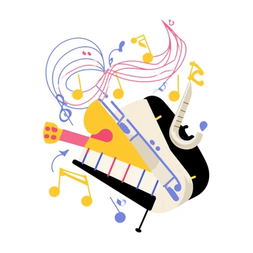 A t-shirt design featuring a colorful array of swirling musical notes in vibrant shades of blue, red, and yellow. The design includes various musical instruments such as a bright orange guitar, a shiny silver saxophone, and a classic black piano, all intertwined with the notes. The instruments are positioned in a dynamic way, creating a sense of movement and rhythm. The background is a soft white to make the colors pop, emphasizing the energetic feel of the music theme.