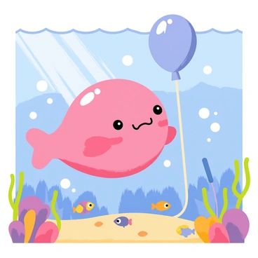 A "blobfish" with a soft, pink body is holding onto a "bubble balloon" that is bright blue and translucent. The blobfish's large, droopy face features small, beady eyes that look curiously at its surroundings. The scene captures the blobfish "floating gently" through the "sea," surrounded by shimmering bubbles and colorful coral formations. Rays of sunlight penetrate the water, creating a playful, dappled light effect on the sandy ocean floor below. Various small fish swim nearby, adding liveliness to the underwater environment.