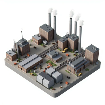 A sprawling industrial landscape filled with various factories of different sizes and shapes. The factories are made of steel and brick, with large windows and loading docks. Tall smokestacks rise from each factory, releasing plumes of smoke into the air. The scene is dotted with conveyor belts and machinery, conveying materials between the buildings. The ground is paved with concrete, and there are scattered vehicles, including trucks and forklifts, moving throughout the area. The sky is overcast, casting a muted light over the entire landscape.