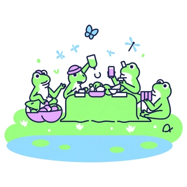 A family of frogs is gathered for a picnic by a pond. In the center, a large green picnic blanket is spread out on the grass, adorned with a variety of foods. There are small purple fruit baskets filled with leaves and insects. On one side, a frog wearing a tiny hat is pouring green juice into a small cup, while another frog holds a purple sandwich. Nearby, a third frog is sitting with a small book opened, while a butterfly flutters above. The pond reflects the surrounding greenery, with lily pads scattered across the water's surface. In the background, dragonflies dart playfully around the scene.