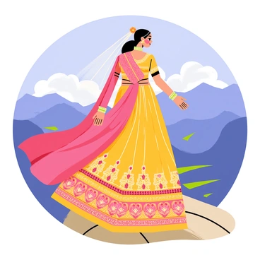 A bride wearing a vibrant, intricately designed lehenga with ornate patterns and rich colors stands on a mountain peak. The lehenga flows gracefully, catching the wind. She has a delicate veil draped over her hair, adorned with floral embellishments. The panoramic view behind her showcases vast, rolling mountains with a clear blue sky above. Patches of green foliage can be seen in the valleys below, enhancing the natural beauty surrounding the bride. The sunlight casts a warm glow, illuminating her figure and the stunning landscape.