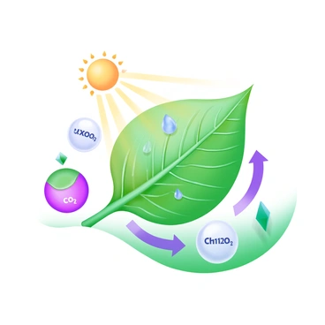 An illustration depicting the process of "photosynthesis" occurring in a "plant leaf." The leaf is displayed prominently in the center, showcasing its green color and intricate vein patterns. Above the leaf, bright yellow sun rays are shining down, symbolizing light energy. Small water droplets are illustrated on the surface of the leaf, representing moisture. Around the leaf, little bubbles contain oxygen molecules labeled with the word "O₂." There are also arrows indicating the movement of carbon dioxide labeled with "CO₂" entering the leaf and glucose labeled with "C₆H₁₂O₆" being produced.