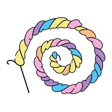 A wall composed of rainbow-colored lollipops, each lollipop featuring distinct, vibrant stripes. The lollipops are arranged in a spiral pattern, starting from the center and expanding outward. The spiral is perfectly symmetrical, creating a visual flow that draws the eye. Each lollipop is mounted on a stick, showcasing a glossy finish that reflects light. The background is a simple, solid color that highlights the vivid colors of the lollipops.