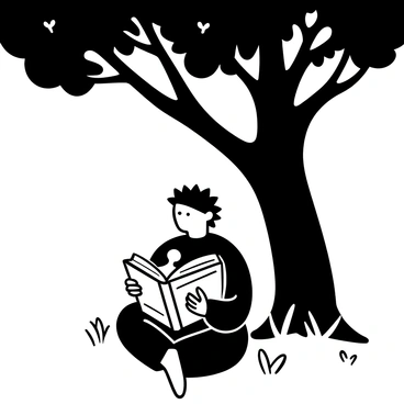 A figure in a ninja outfit sitting cross-legged under a large tree, holding an open book in his hands. The book is filled with visible text and illustrations. The tree has a thick trunk with sprawling branches and leaves, casting dappled shadows on the ground. Nearby, there are a few scattered leaves and a small patch of grass. The figure has distinctive spiky hair and is wearing a forehead protector. The scene conveys a sense of calm and focus, with an emphasis on the activity of reading.