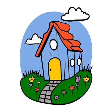 A whimsical house with a slanted, wavy rooftop adorned with bright red shingles. The house has light blue wooden walls and large, round windows with white frames. The front door is painted yellow and is slightly ajar, giving a glimpse into the interior. Colorful flowers in various shades bloom in a garden around the house, and a winding path made of cobblestones leads up to the door. A few fluffy white clouds float in the blue sky above, adding to the cheerful atmosphere.