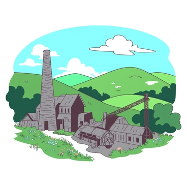 A picturesque scene depicts an old tin mine constructed from weathered gray metal and stone, nestled in a lush green valley. The mine features a tall, rusted chimney rising prominently, with remnants of mining equipment scattered around its base. In the background, rolling hills are partly covered with patches of vibrant wildflowers. Above, the sky is a bright blue with a few soft white clouds drifting lazily. Sunlight casts gentle shadows, highlighting the textures of the mine and its surroundings.