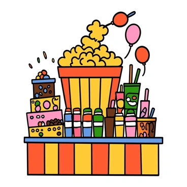 A colorful concession stand with bright red and yellow stripes. The stand is piled high with fluffy, golden popcorn spilling over the edges of a large container. There are vibrant boxes of candy in various shapes and colors, including gummy bears, chocolate bars, and lollipops. Multiple drink containers, including soda cans and colorful plastic cups with straws, are arranged neatly on the counter. The background features a cheerful carnival atmosphere with colorful balloons and festive decorations.