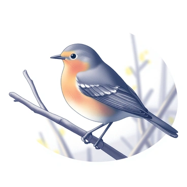 An American robin perched on a natural branch. The bird has a round body with a bright orange-red breast and a lighter underbelly. It faces slightly to the side, with its head turned, showcasing its characteristic yellow beak and dark eyes. The background features blurred foliage and hints of a clear sky, suggesting the warmth of a summer afternoon. The robin appears relaxed, with its feathers ruffled slightly by a gentle breeze, basking in the sunlight.