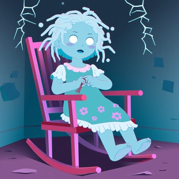 A creepy, old-fashioned doll with porcelain skin and cracked facial features, has glassy, staring eyes that seem to follow you. Its hair is tangled and frayed, adding to its unsettling appearance. The doll is dressed in a faded floral dress with lace trim and holds a small, rusted key in its hand. It is sitting in a wooden rocking chair, which creaks slightly as it rocks back and forth. The chair is placed in a dimly lit corner of a dusty room, with cobwebs hanging from the ceiling and shadows dancing on the walls.