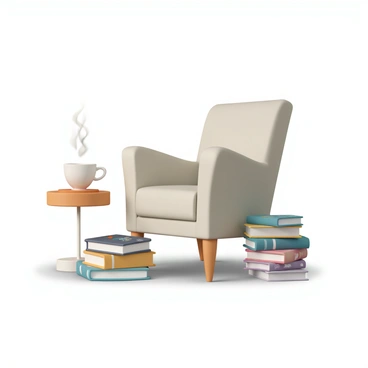 A cozy reading nook featuring a plush armchair with soft fabric in a muted color. Beside the chair, there is a small wooden side table holding a steaming cup of tea, with wisps of steam rising into the air. A stack of colorful illustrated books is neatly arranged on the floor, showcasing vibrant covers and enticing titles. A gentle light source illuminates the space, casting a warm glow that enhances the inviting atmosphere.