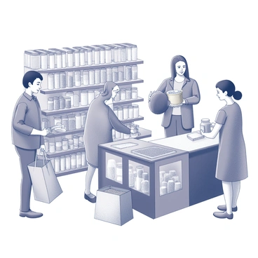 A zero-waste store interior filled with shelves stocked with bulk food items in transparent containers. Customers are interacting with the store, each using "reusable bags" and "containers" made of fabric or glass. One customer is pouring grains into a "burlap bag," while another is selecting snacks with a "glass jar" in hand. The store features a counter with a friendly cashier who is assisting a customer. The environment is organized and inviting, highlighting the commitment to sustainability.