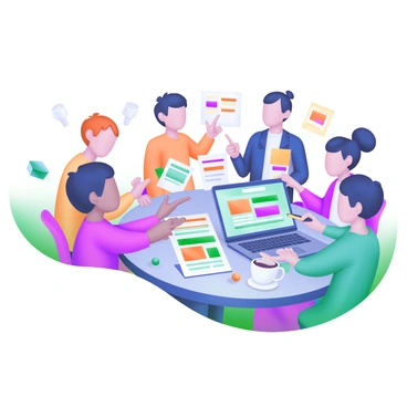 A group of colorful 3D characters is gathered around a circular table. Each character has distinct features and expressions, showcasing diversity. The table is covered with various marketing materials, including brochures, flyers, and a laptop displaying a colorful presentation. There are coffee cups and pens scattered on the table, creating a collaborative atmosphere. The characters are engaged in conversation, pointing at the materials, and some are taking notes. The background has soft hues, enhancing the focus on the characters and the table full of marketing items.