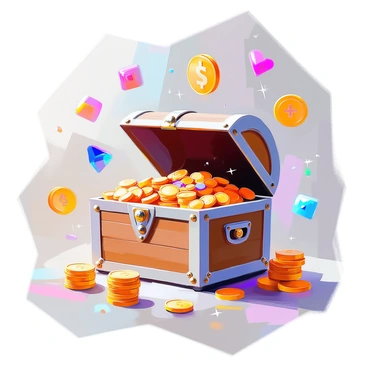 An open treasure chest overflowing with gold coins and glittering jewels. The chest is made of sturdy, weathered wood with metal fittings. Surrounding the treasure chest, a variety of colorful icons float in the air, including a gold dollar sign, a stack of coins, and various symbols representing investment and finance. The background is softly blurred, emphasizing the treasure chest and the icons. Light glimmers off the coins, casting small reflections on the chest and surrounding area.
