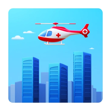 A helicopter with a bright red and white design is flying above a cluster of tall skyscrapers. The helicopter features a prominent red cross symbol on its side, indicating its medical mission. Below, the skyscrapers have reflective glass windows that reflect the sunlight and the surrounding urban landscape. The sky is a clear blue, with a few wispy clouds scattered throughout. The scene captures the sense of urgency and purpose as the helicopter hovers in the air, ready to assist in an emergency.
