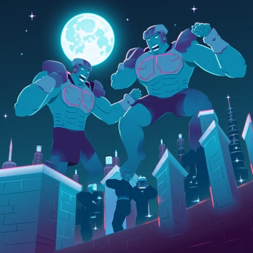 A dark night scene illuminated by a bright, full moon casting shadows over a bustling city. Towering titans, with massive muscular forms and intricate armor, are attempting to breach the towering stone walls of the city. Their hands are reaching out, gripping the walls as they exhibit fierce expressions. The walls are adorned with flickering torches, illuminating the determined faces of the guards standing watch, holding weapons ready for defense. In the background, the silhouette of the city skyline is visible, with tall structures and spires, emphasizing the scale of the titans compared to the urban landscape. Stars twinkle in the night sky, adding a sense of depth to the atmosphere.