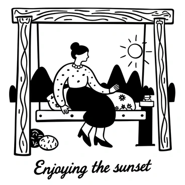 A vintage housewife sitting on a porch swing with intricate wooden patterns. She is wearing a classic polka dot dress with a full skirt, and her hair is styled in an elegant updo. The swing is adorned with floral cushions. In the background, there are silhouetted trees and a gentle horizon line, where the sun is setting, radiating rays as it descends. A small side table next to the swing holds a cup of tea, and there are scattered cushions on the porch floor. "Enjoying the sunset" is subtly written in elegant script along the bottom of the image.