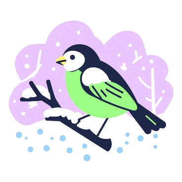 A chickadee is perched on a snow-covered branch, its feathers fluffed up to keep warm against the cold. Snowflakes are gently falling around it, creating a soft, white blanket on the ground below. The bird has a distinctive black cap and a white face, with a hint of yellow on its wings. In the background, there are glimpses of other snow-laden branches and a muted winter sky.