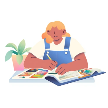 A student with light brown hair is sitting at a wooden table, intently browsing through an art magazine. She is wearing a white t-shirt and denim overalls, with a few art supplies scattered around her, including colored pencils and sketch paper. The magazine features vibrant images of various artworks, with some pages partially turned. A soft light illuminates the scene, highlighting her focused expression as she takes notes in a small notebook beside her. A potted plant sits in the background, adding a touch of greenery to the atmosphere.