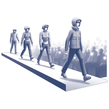 A fashion runway set with a sleek, elongated stage. Models are walking down the catwalk, showcasing futuristic ski outfits. The outfits are characterized by unique shapes and intricate designs, with elements such as oversized hoods, unconventional zippers, and asymmetrical cuts. Each model displays a different ensemble, highlighting a mix of textures and materials. In the background, a crowd of spectators is seated, observing the event with keen interest. Flashes from cameras capture the dynamic atmosphere of the show.