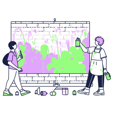 A street artist is standing in front of a large brick wall, intently painting a mural. The artist has short, colorful hair and is wearing a paint-splattered apron over a casual shirt. The mural showcases a vibrant scene that features abstract shapes and flowing lines. The artist is using a green spray paint can in their right hand while their left hand supports the can, creating intricate details on the wall. Surrounding the artist, there are several empty paint cans scattered on the ground, and a few paintbrushes are placed nearby. In the background, passersby can be seen admiring the artwork.