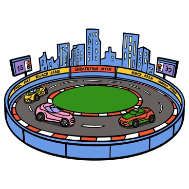 High-speed robotic cars with sleek designs and vibrant colors are racing around a futuristic oval arena. The cars have glowing accents and intricate details that highlight their advanced technology. Digital displays are embedded around the arena, showcasing real-time race statistics and vibrant advertisements. The background features a luminous skyline with towering buildings that have a high-tech appearance, enhancing the futuristic atmosphere of the scene. The track is illuminated with dynamic lights, creating an exciting and energetic environment for the race.