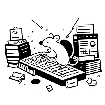 A rat with a bushy tail is furiously typing on a large keyboard, its tiny paws working rapidly. Surrounding the rat are towering stacks of paperwork, some neatly organized while others are haphazardly piled. Scattered around are crumpled sheets, and a few pens with ink stains lie among the paperwork. The scene conveys a sense of urgency and chaos in an office environment.