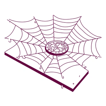 A detailed spider web stretches across a corner, its intricate patterns shimmering softly. The web is composed of delicate, thin strands that crisscross and form a complex design. Nestled within the web is a small emblem, which is circular and features abstract designs. The emblem is partially veiled by the web, emphasizing its delicate entrapment. The corners of the web have dew drops clinging to the strands, catching the light and adding to the overall composition.