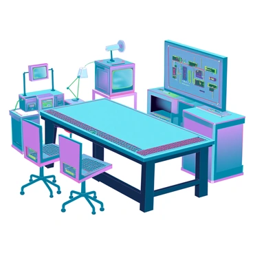 An array of old computer parts and gadgets, including circuit boards, keyboards, and monitors, have been creatively repurposed into functional tools and furniture. A large table made from the chassis of several old computers, topped with a smooth glass surface, stands in the center. Surrounding it are chairs made from colorful keyboard keys and monitor stands, displaying an eclectic mix of design. On one side, a workbench is assembled from disassembled computer cases, tools neatly arranged on a pegboard made from old circuit boards. The scene is filled with various gadgets, such as a lamp made from a twisted computer cable and a shelf crafted from optical drives. The atmosphere is one of innovation and resourcefulness among survivors, showcasing a resourceful blend of technology and creativity.