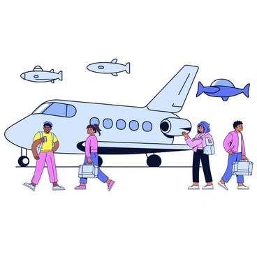 A sleek space shuttle with a shiny metallic surface is parked at a futuristic interstellar airport. The shuttle features smooth lines and large windows that reflect the surroundings. A group of diverse tourists, wearing high-tech travel gear, are walking towards the shuttle. Some tourists are carrying metallic luggage, while others are checking digital devices. The airport has a modern design with floating signs and a bright, illuminated atmosphere. Various spacecraft can be seen in the background, adding to the bustling scene.