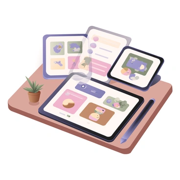 A digital flat illustration of a tablet screen displaying a digital portfolio. The tablet has a sleek black frame with rounded edges and is placed on a wooden table. The screen shows multiple project thumbnails in a grid layout, each representing different styles of illustrations, including colorful character designs, intricate landscapes, and playful patterns. The thumbnails are arranged with clear borders and rounded corners. Next to the tablet, there is a stylus pen resting on the table, and a small potted plant can be seen in the background, adding a touch of greenery. The scene is well-lit, highlighting the vibrant colors of the illustrations on the tablet.