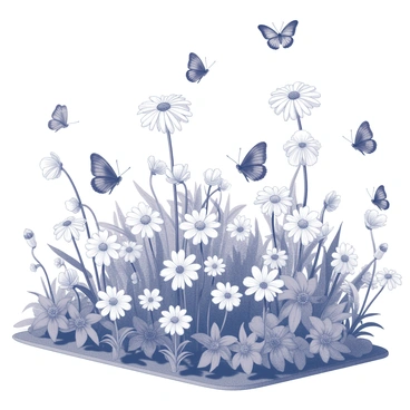 A garden filled with a variety of blooming flowers in different shapes and sizes. Numerous butterflies are fluttering among the flowers, showcasing a range of wing patterns and textures. The scene captures the movement of the butterflies as they navigate from blossom to blossom. The garden is well-maintained, with neatly arranged flower beds, and the sunlight casts shadows on the ground.