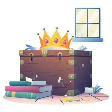An elegant golden crown with intricate designs and embedded jewels is sitting atop a dusty, forgotten chest made of aged wood in an old attic. The chest has visible wear and tear, with peeling paint and rusted hinges. Surrounding the chest are scattered, cobweb-covered books and faint rays of light filtering through a small, grimy window, illuminating the dust particles in the air. The floor is wooden and creaked with age, adding to the atmosphere of nostalgia and abandonment.